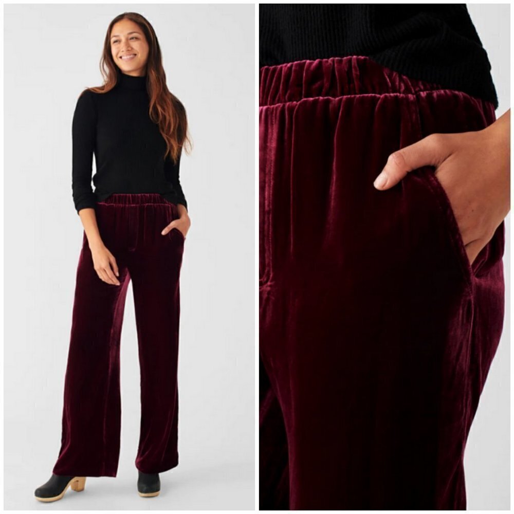 💕FAHERTY💕 Vintage Silk Velvet Genevieve Pant Wide Leg Maroon Banner Large NWT